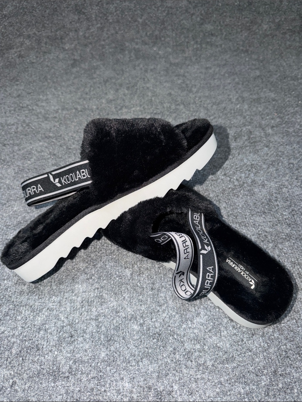 Koolaburra By Ugg Black Faux Fur Slide Sandals with Branded Elastic Strap